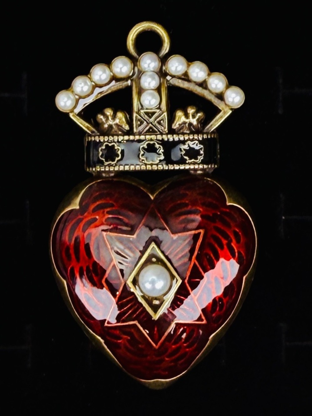 Crown Heart Pendant Red Enamel Faux Pearl Accent + free cord necklace